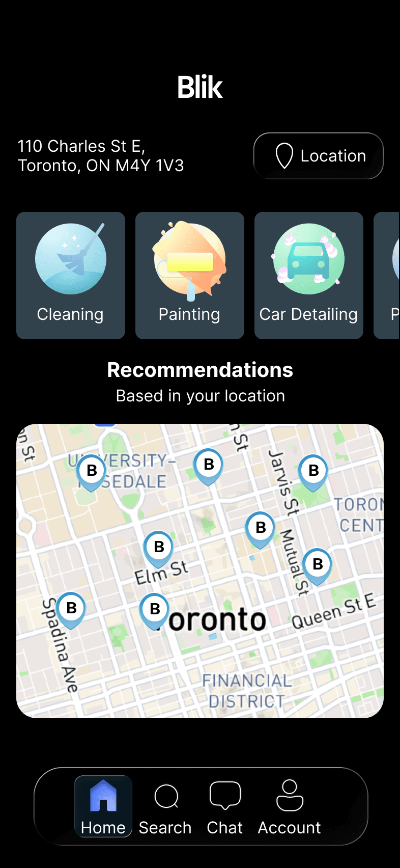 Blik dark home screen with local recommendations, map area, and service categories.