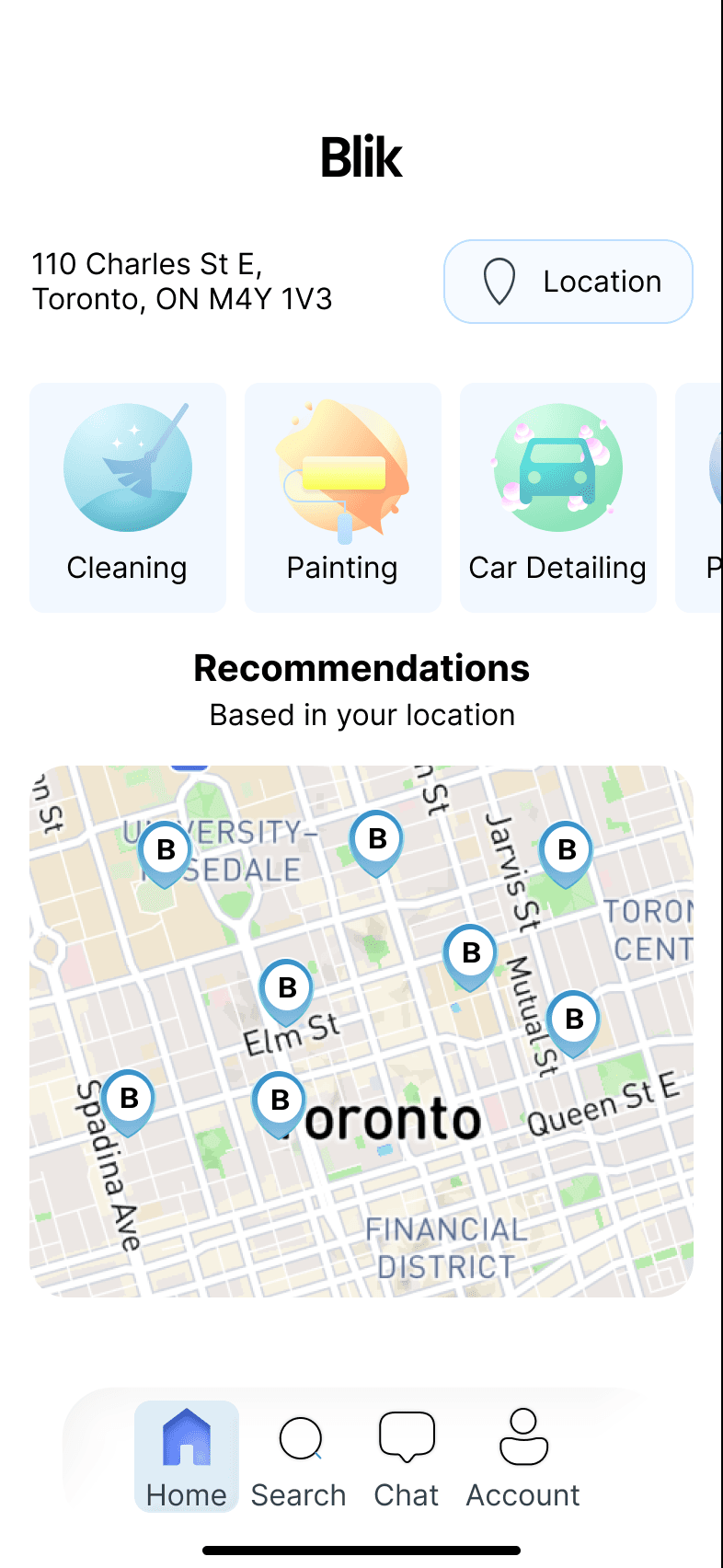 Blik home screen with location, services, and recommendations.