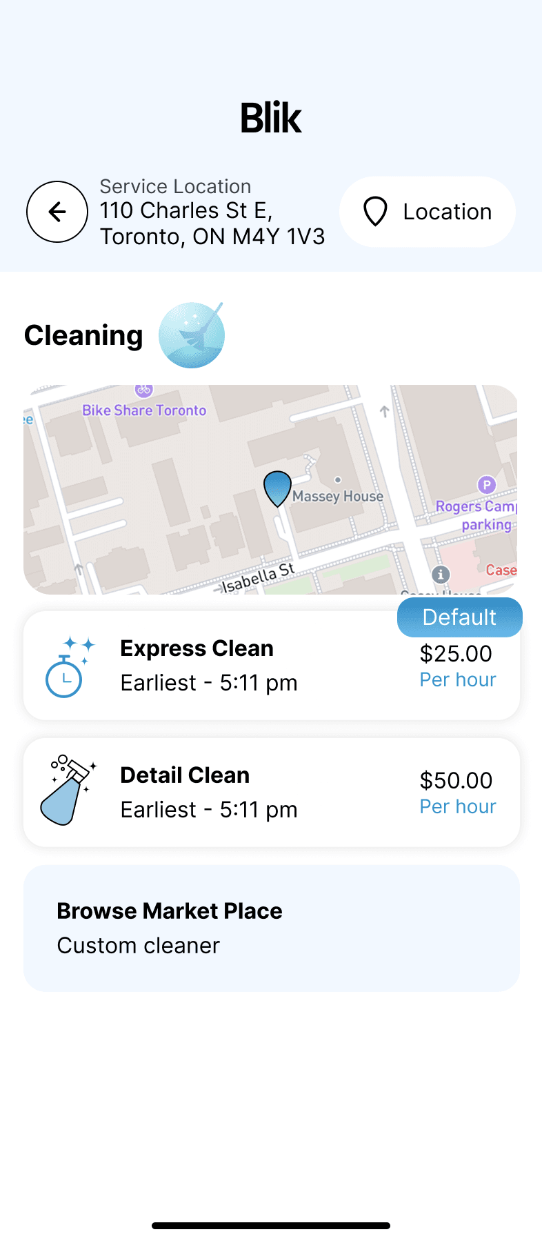 Blik service detail screen for cleaning options.