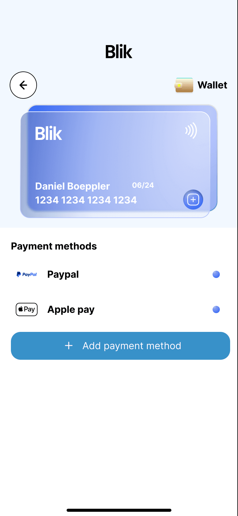 Blik wallet screen showing payment methods.