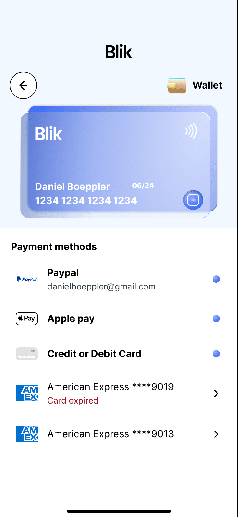 Blik saved payment methods screen with active and expired cards.
