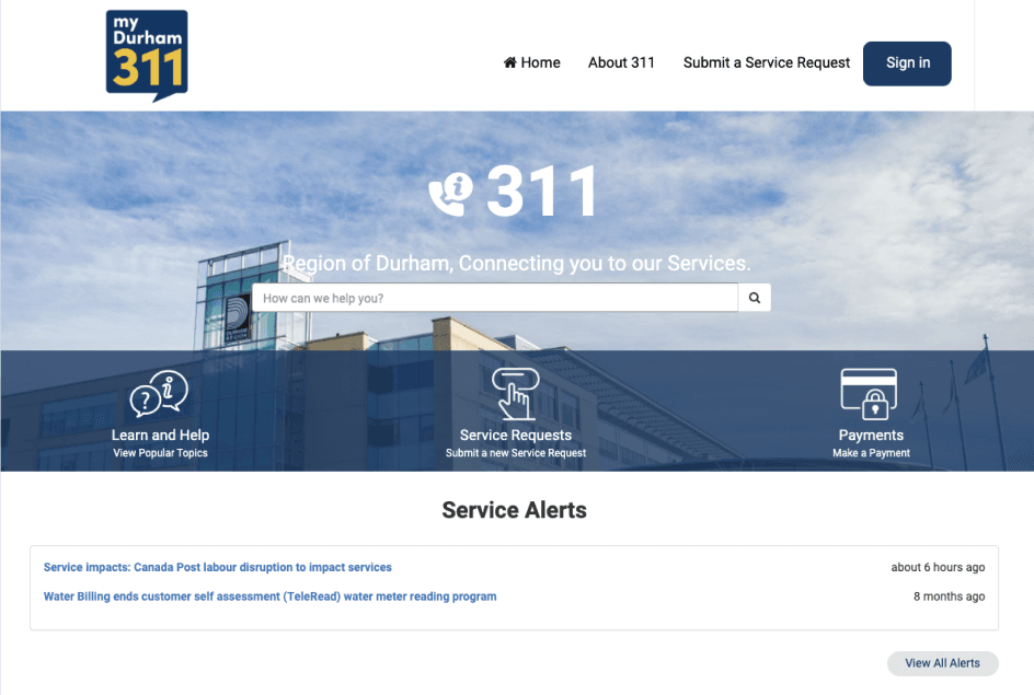 Older myDurham 311 homepage with large search hero and service alerts.