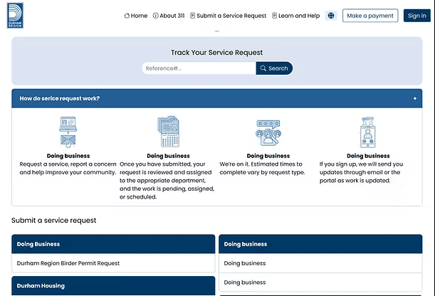 Durham Region track service request screen with explanation steps and request list.