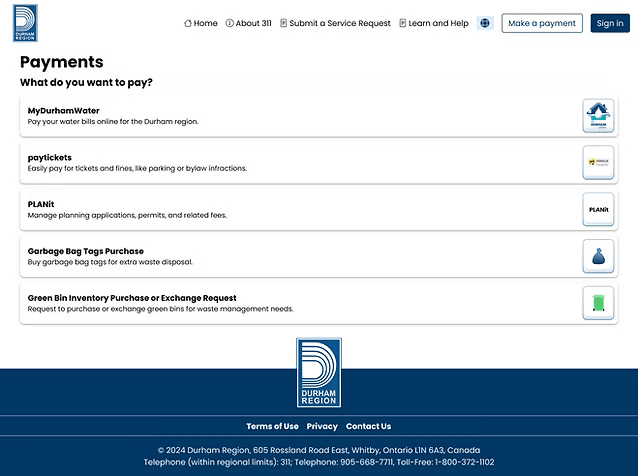 Durham Region payment options page with payment categories.