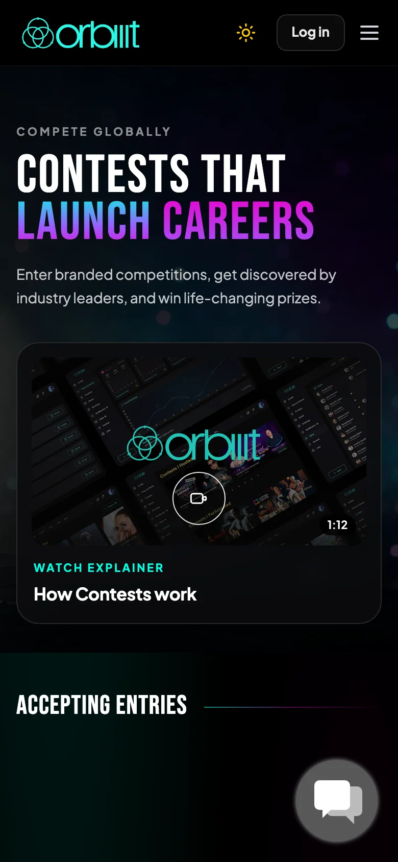 Orbiiit contests page on a phone: Contests that launch careers, a one-minute explainer card, and contests accepting entries.