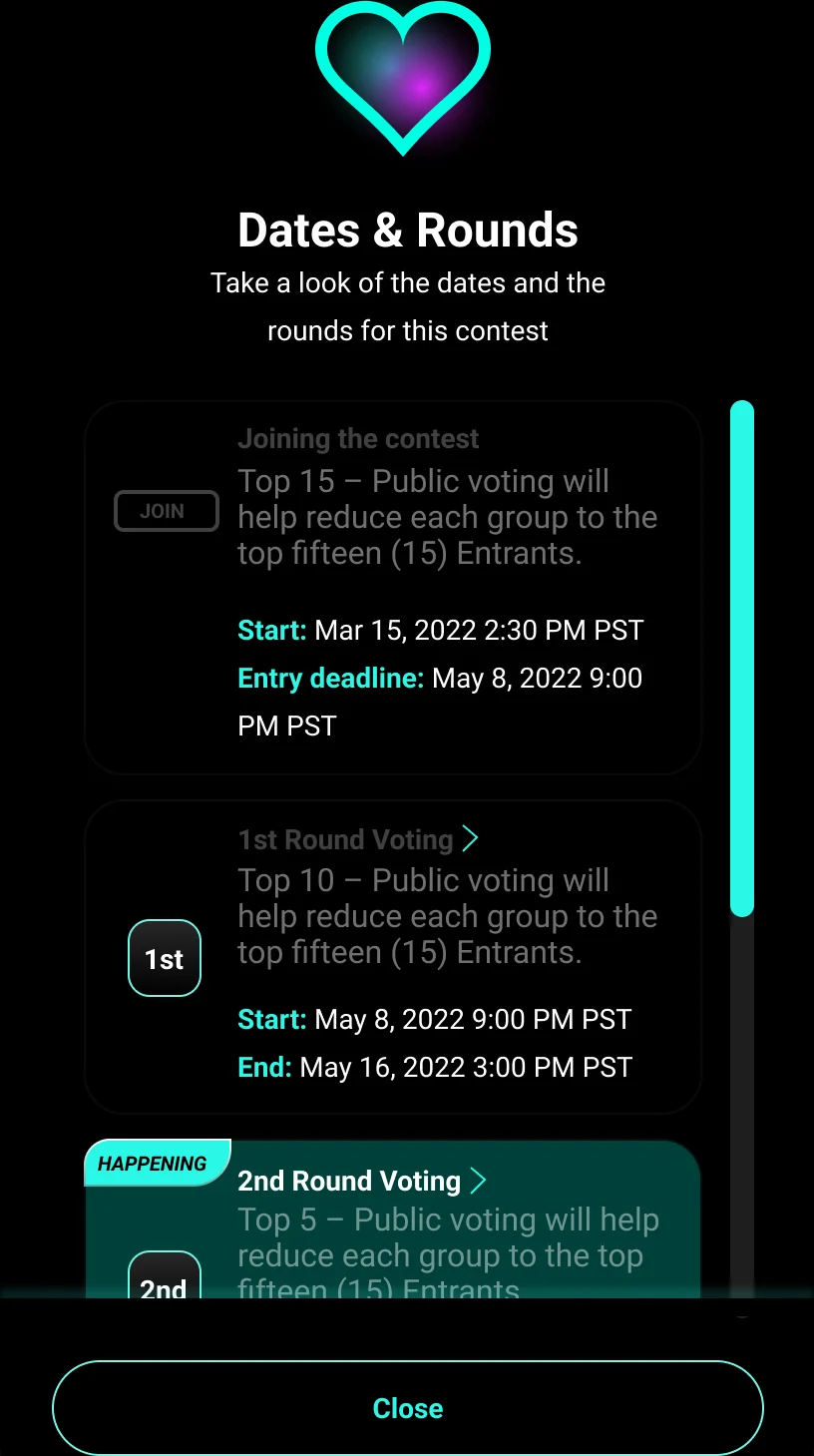 Orbiiit Dates & Rounds sheet listing joining, first-round, and second-round voting windows with dates.
