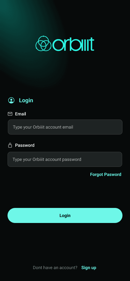 Orbiiit login bottom sheet with email and password fields.