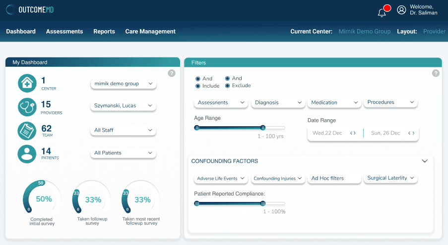 OutcomeMD experimental dashboard showing provider layout, filters, and score widgets.