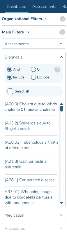 OutcomeMD patient list and reporting table paired with active filter controls