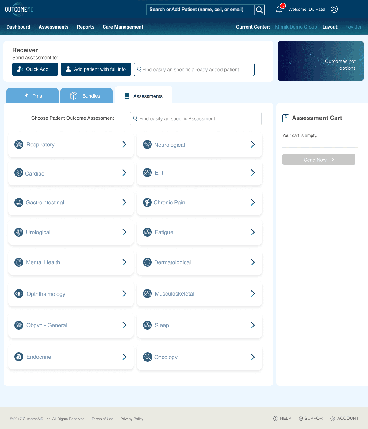 OutcomeMD assessment form in a more compact clinical layout