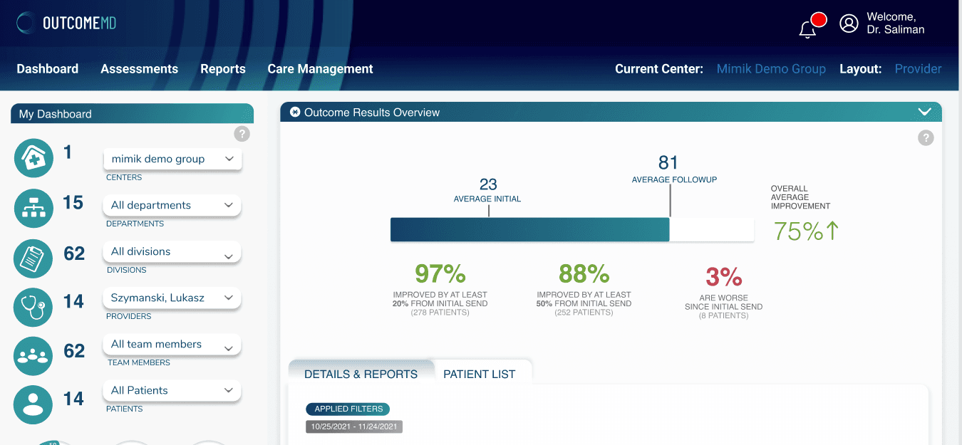 OutcomeMD dashboard overview showing clinical data cards and patient outcomes.