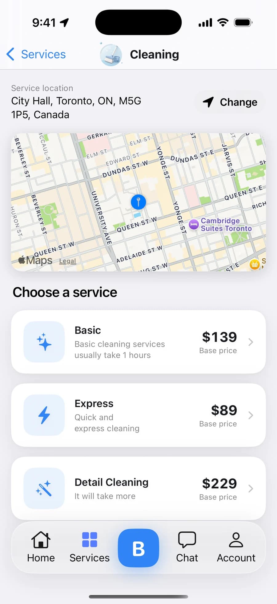 Blik Cleaning screen from the shipped app: service location pinned on a Toronto map, then Basic, Express, and Detail Cleaning with upfront base prices.