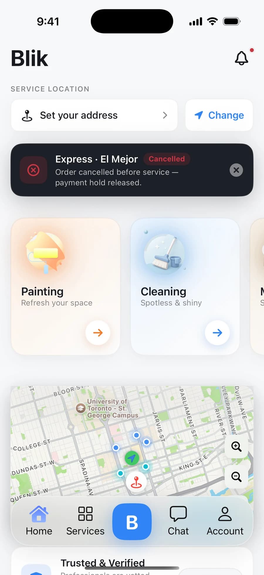 Blik home screen from the shipped app: address prompt, a booking status banner, service categories, and a map of nearby providers in Toronto