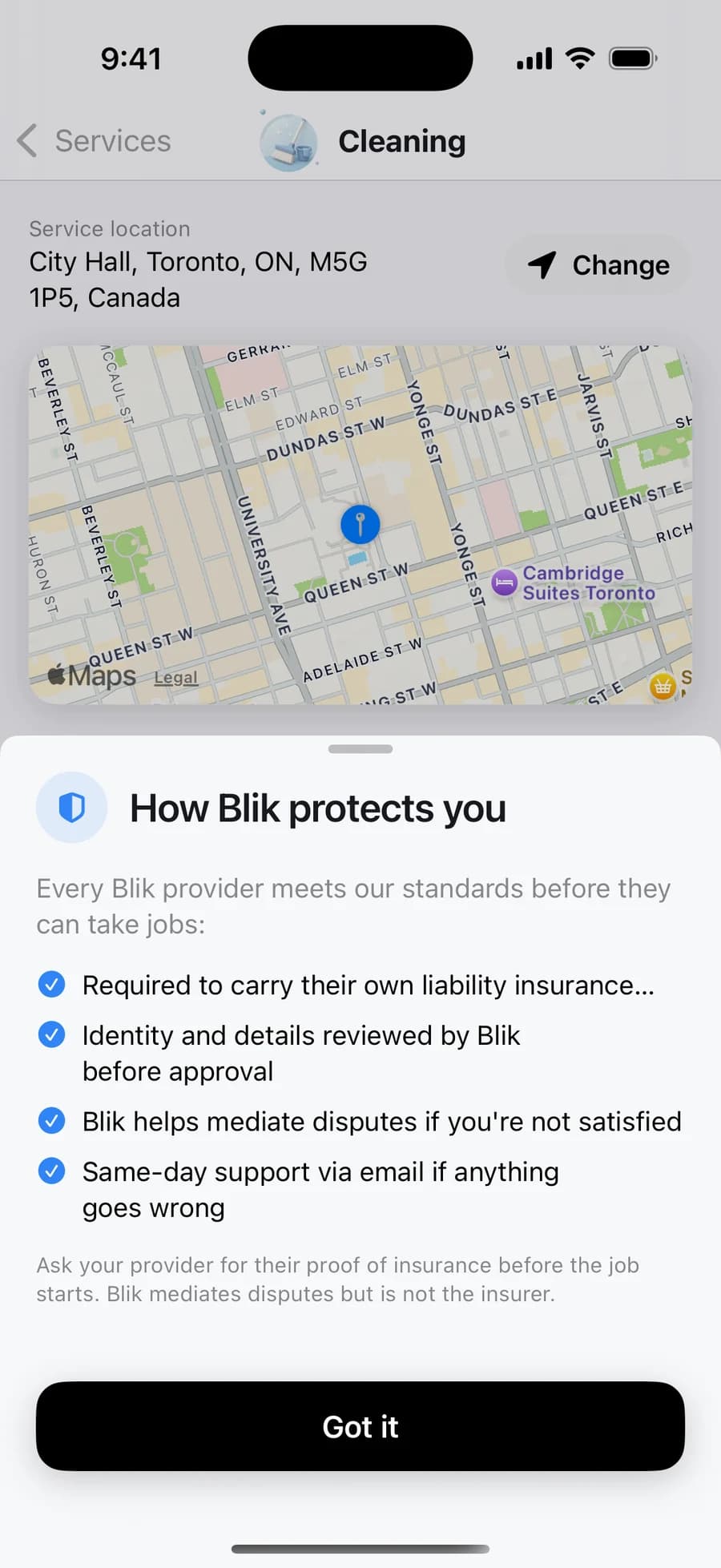 The shipped app's How Blik protects you sheet: providers carry their own liability insurance, identity reviewed before approval, Blik mediates disputes, same-day support.