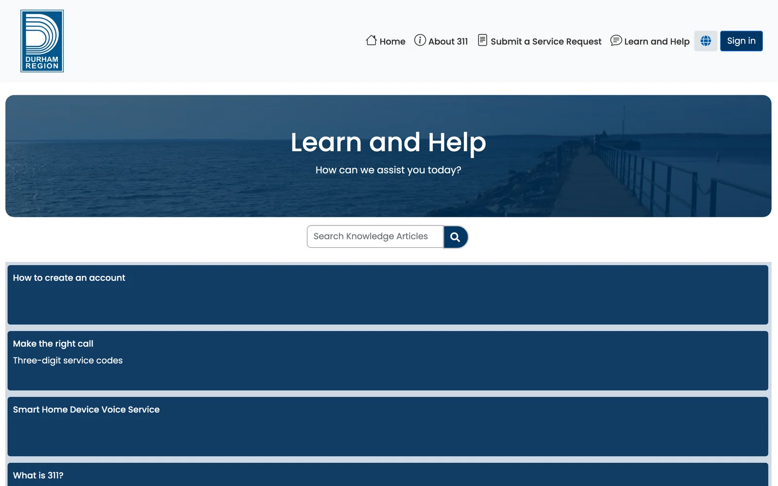 myDurham 311 Learn and Help page with guidance topics.