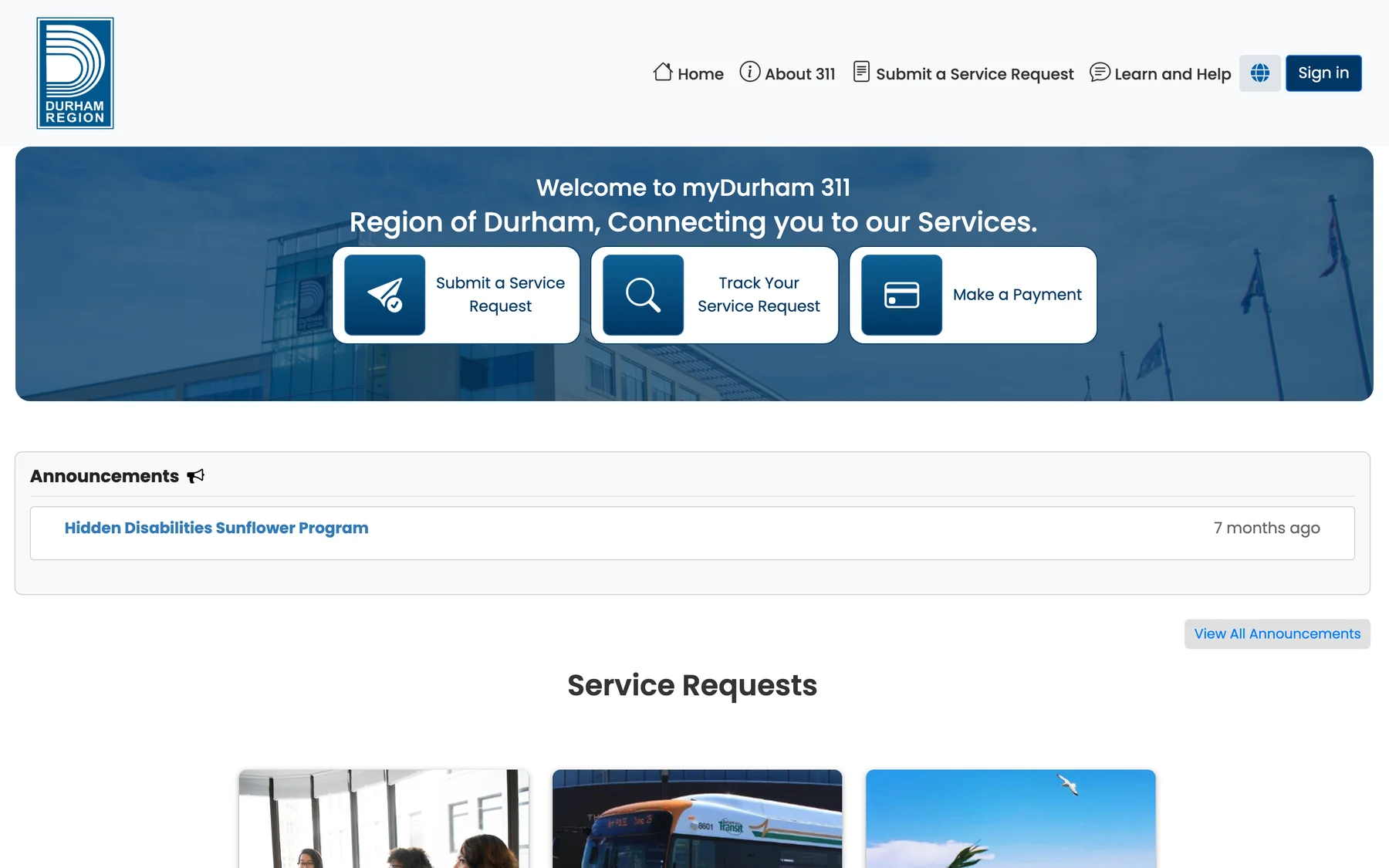 Refined myDurham 311 homepage with submit, track, and payment cards.
