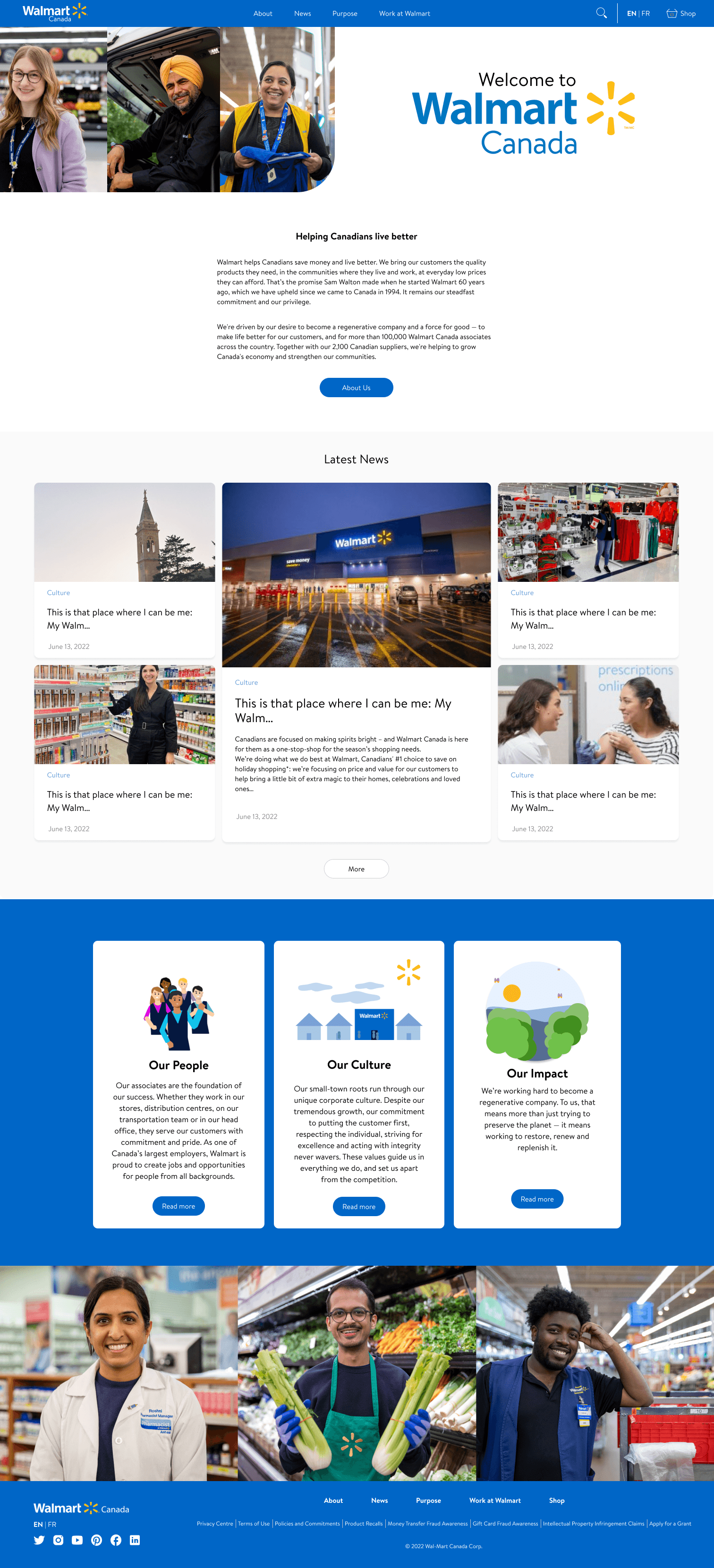 Refined Walmart Canada homepage direction with branded navigation, hero content, and modular story sections.